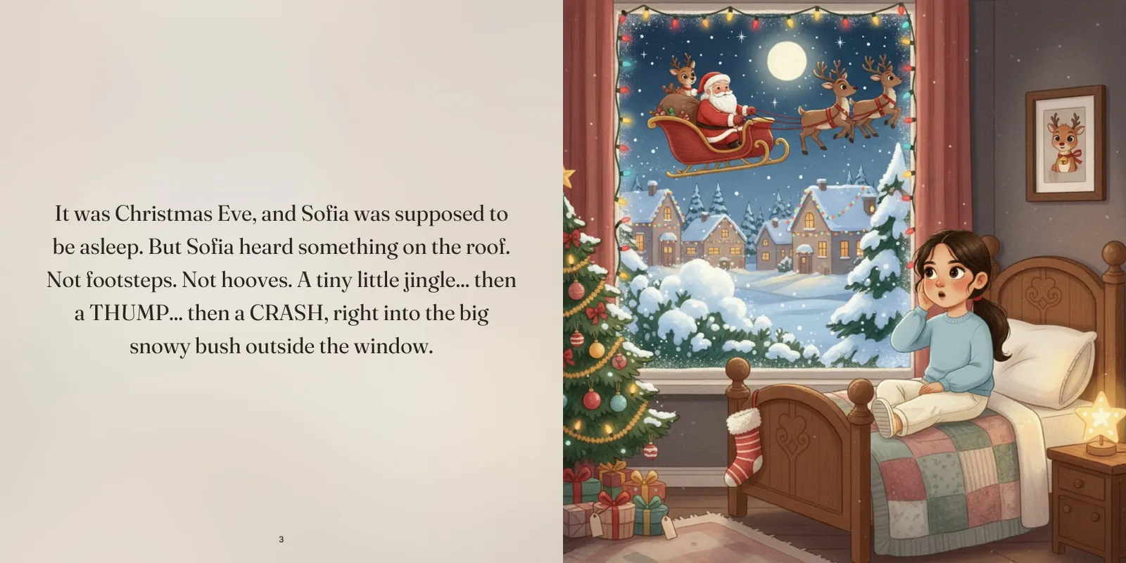 A two-page spread: story text on the left, a full-page illustration on the right
