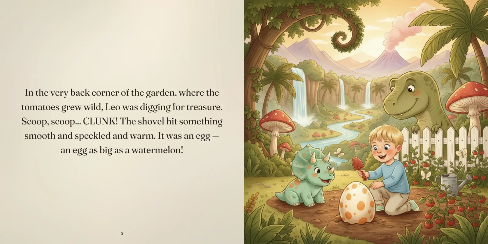 A two-page spread: story text on the left, a full-page illustration on the right